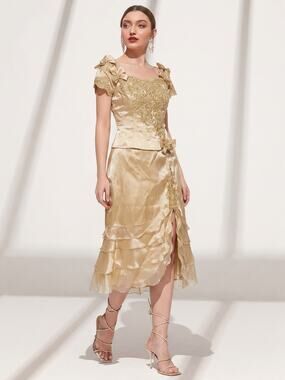 Rose Taft Couture Vintage Gold Shimmer Corset Bodice Fairy Princess Formal Dress